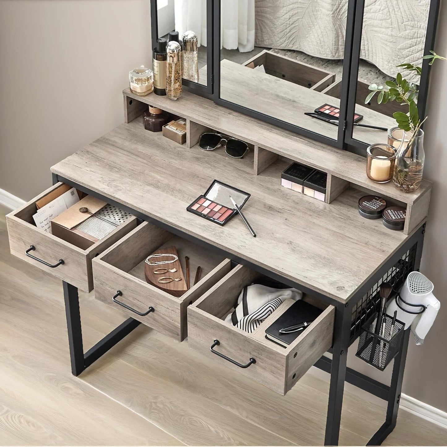 3 drawer dressing table with mirror and stool greige