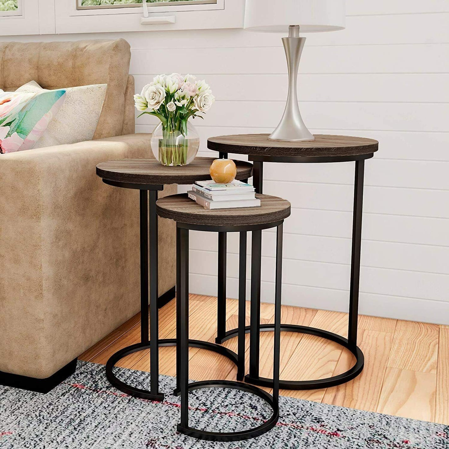 set of 3 round wooden nesting tables brown