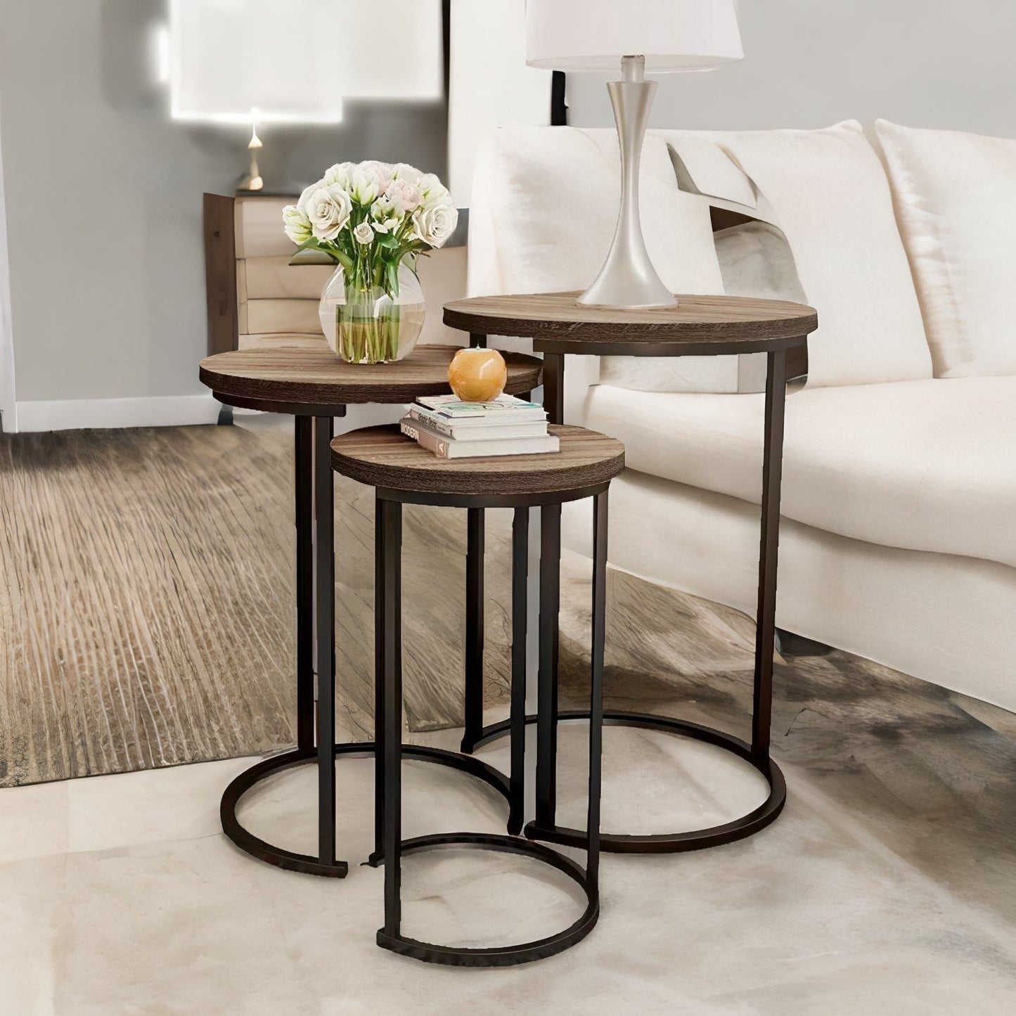 set of 3 round wooden nesting tables brown