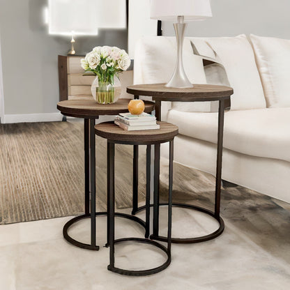 Set Of 3 Round Wooden Nesting Tables Brown