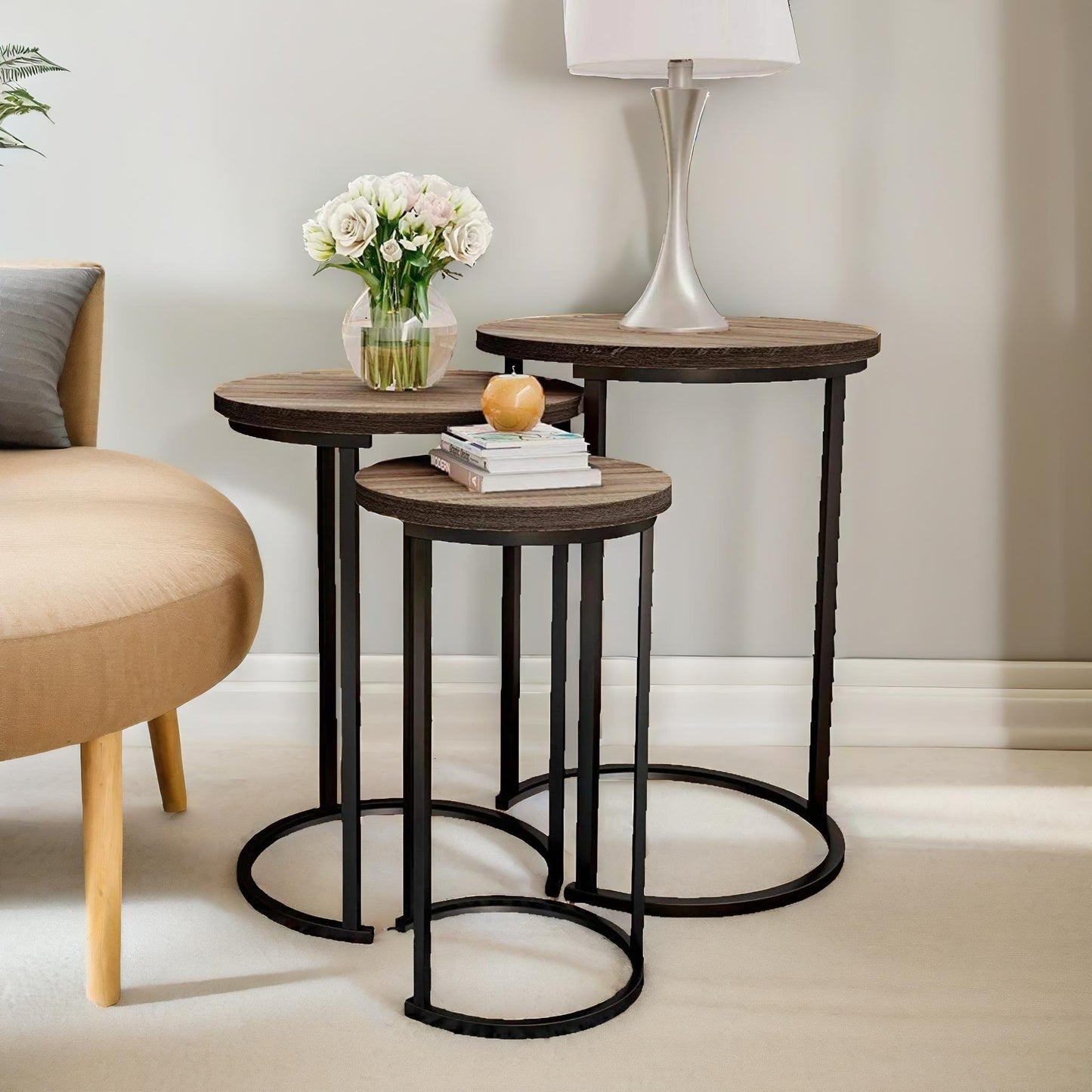 set of 3 round wooden nesting tables brown