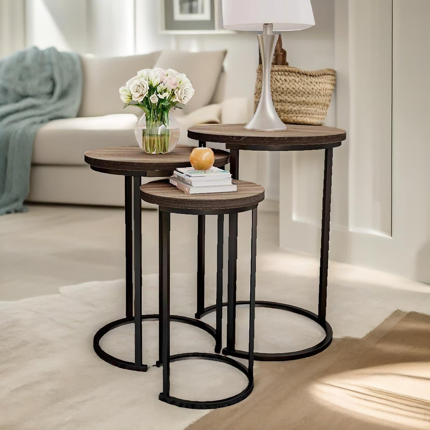 set of 3 round wooden nesting tables brown