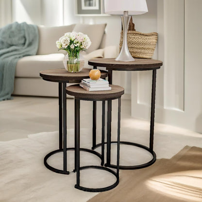 Set Of 3 Round Wooden Nesting Tables Brown