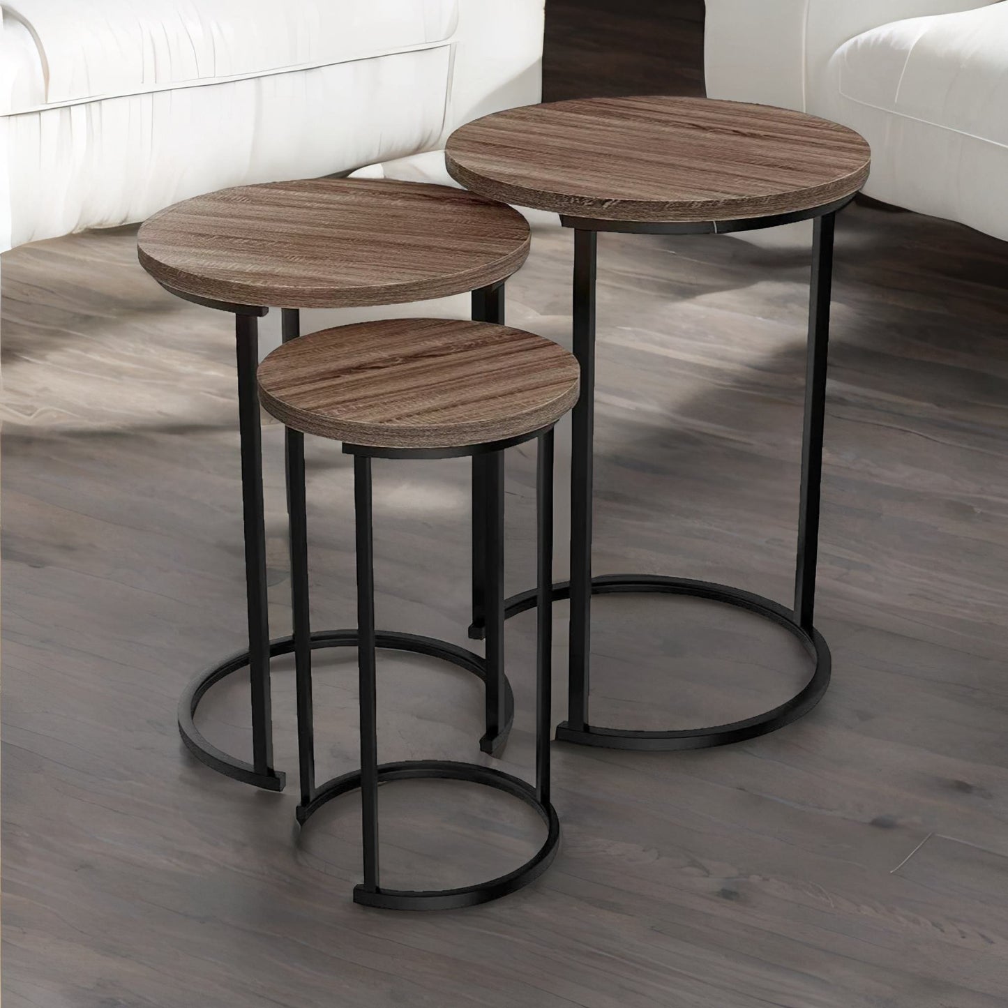 set of 3 round wooden nesting tables brown