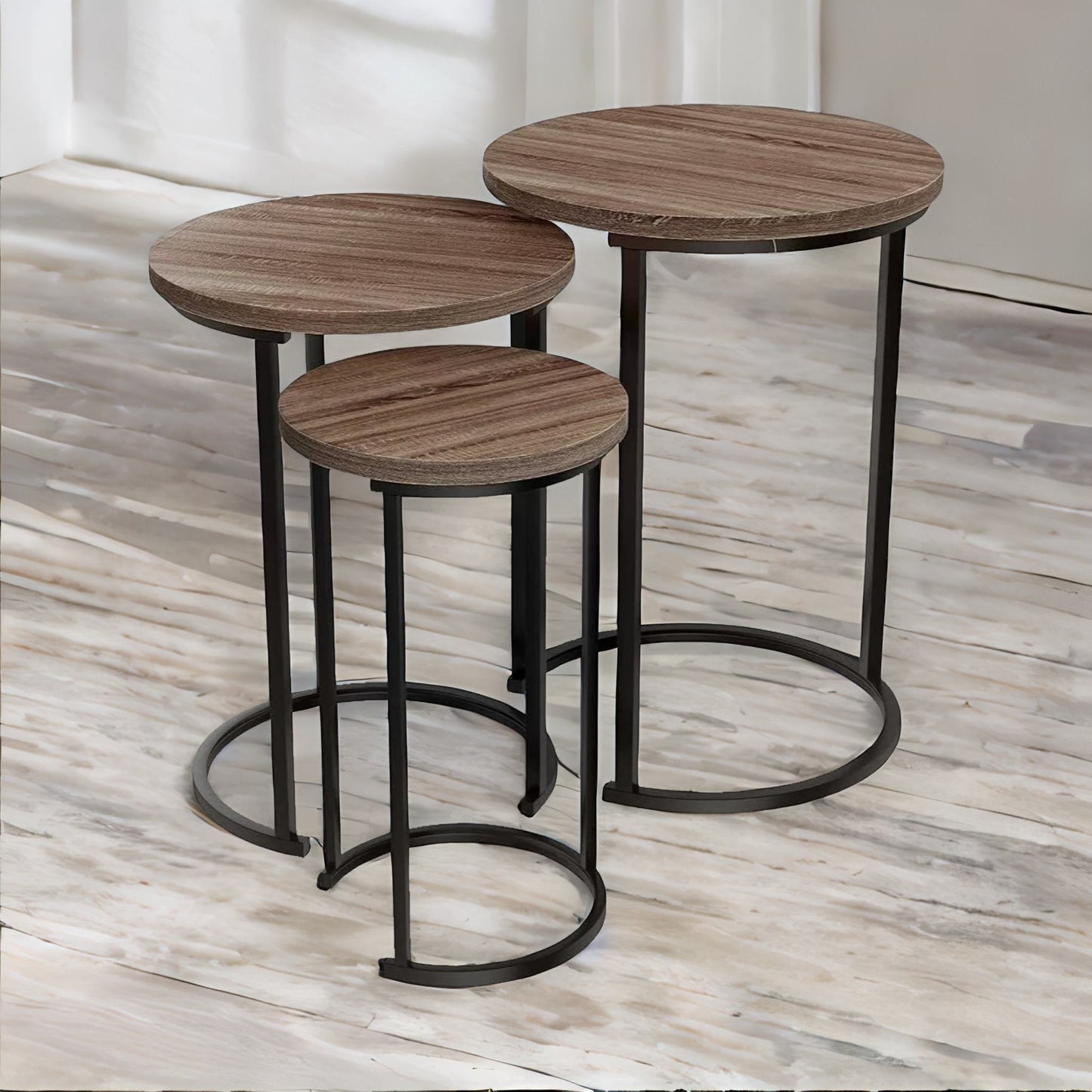 set of 3 round wooden nesting tables brown