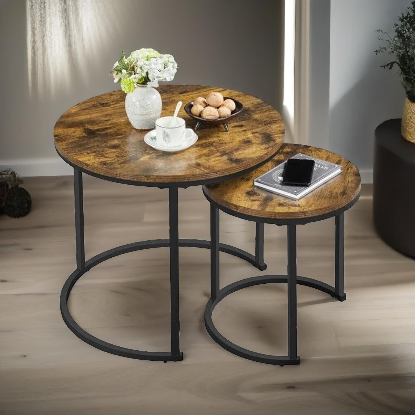 set of 2 round nesting tables rustic brown