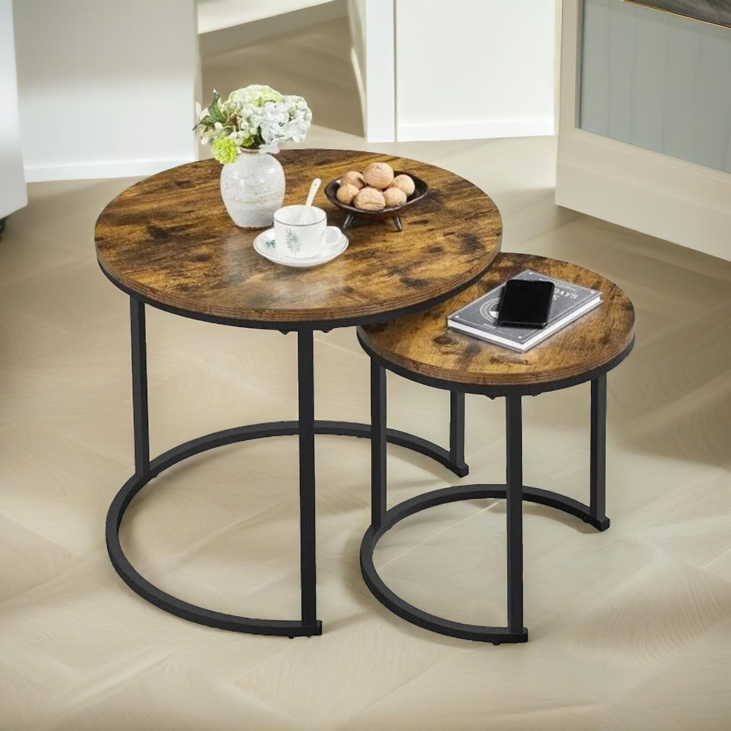 set of 2 round nesting tables rustic brown