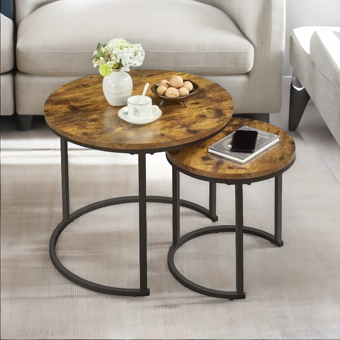 set of 2 round nesting tables rustic brown