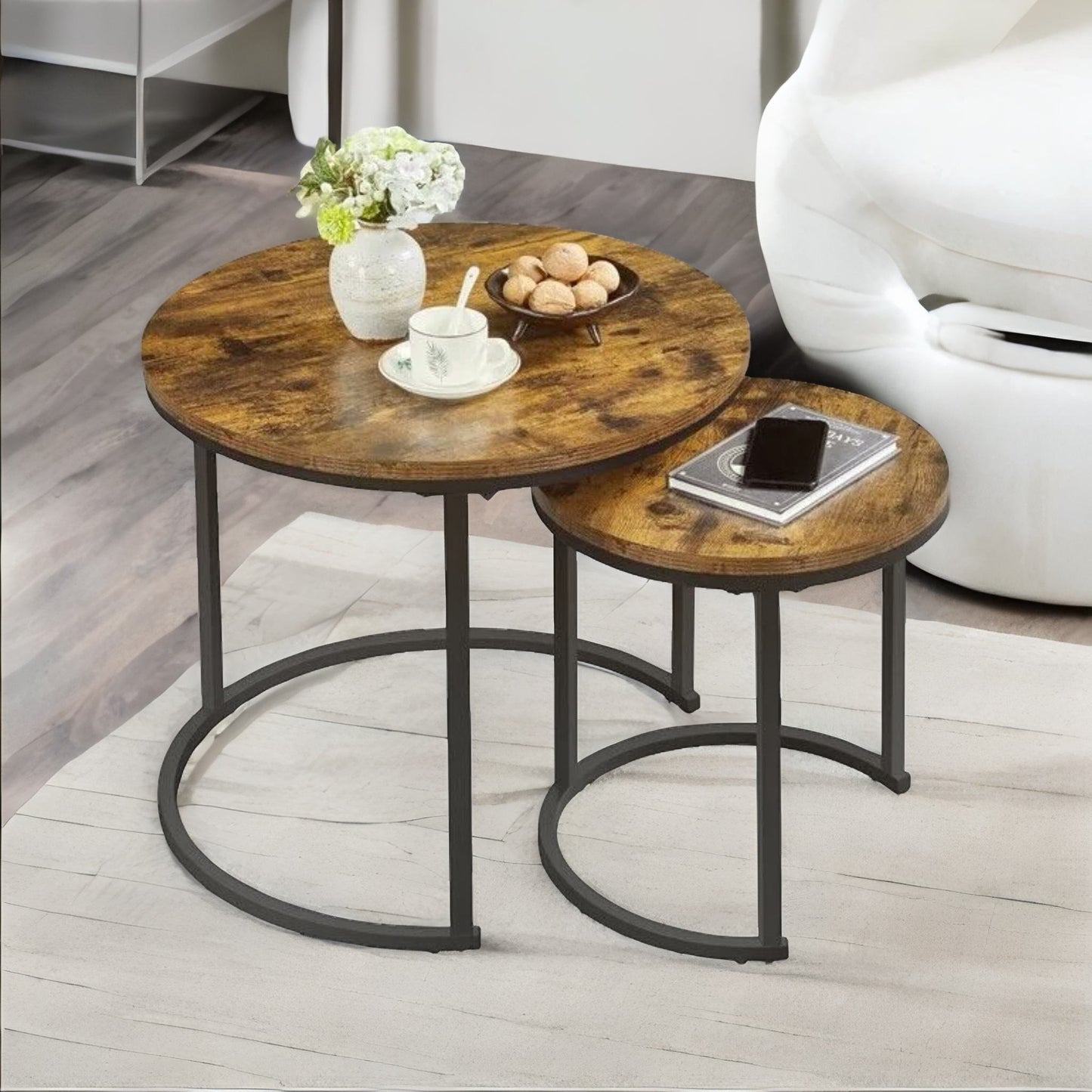 set of 2 round nesting tables rustic brown