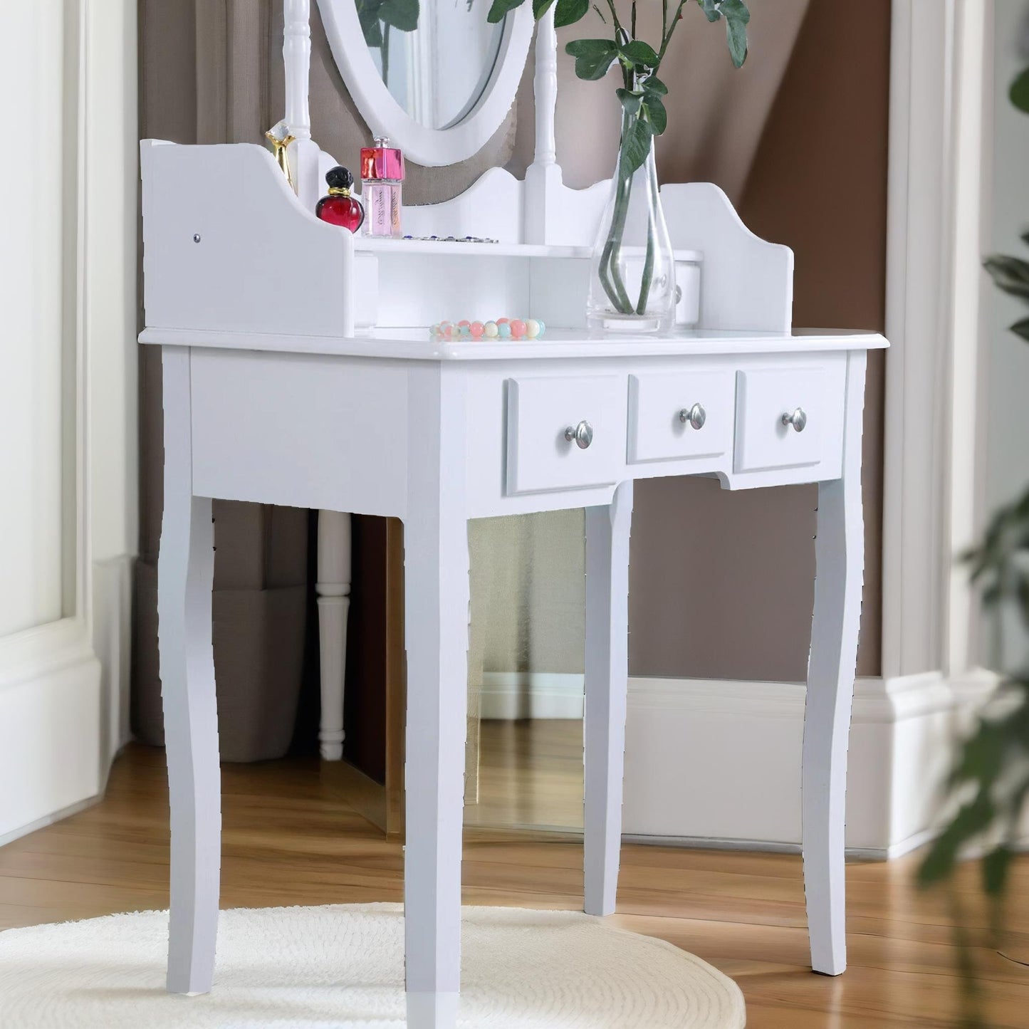 5 drawer white dressing table with round mirror and stool