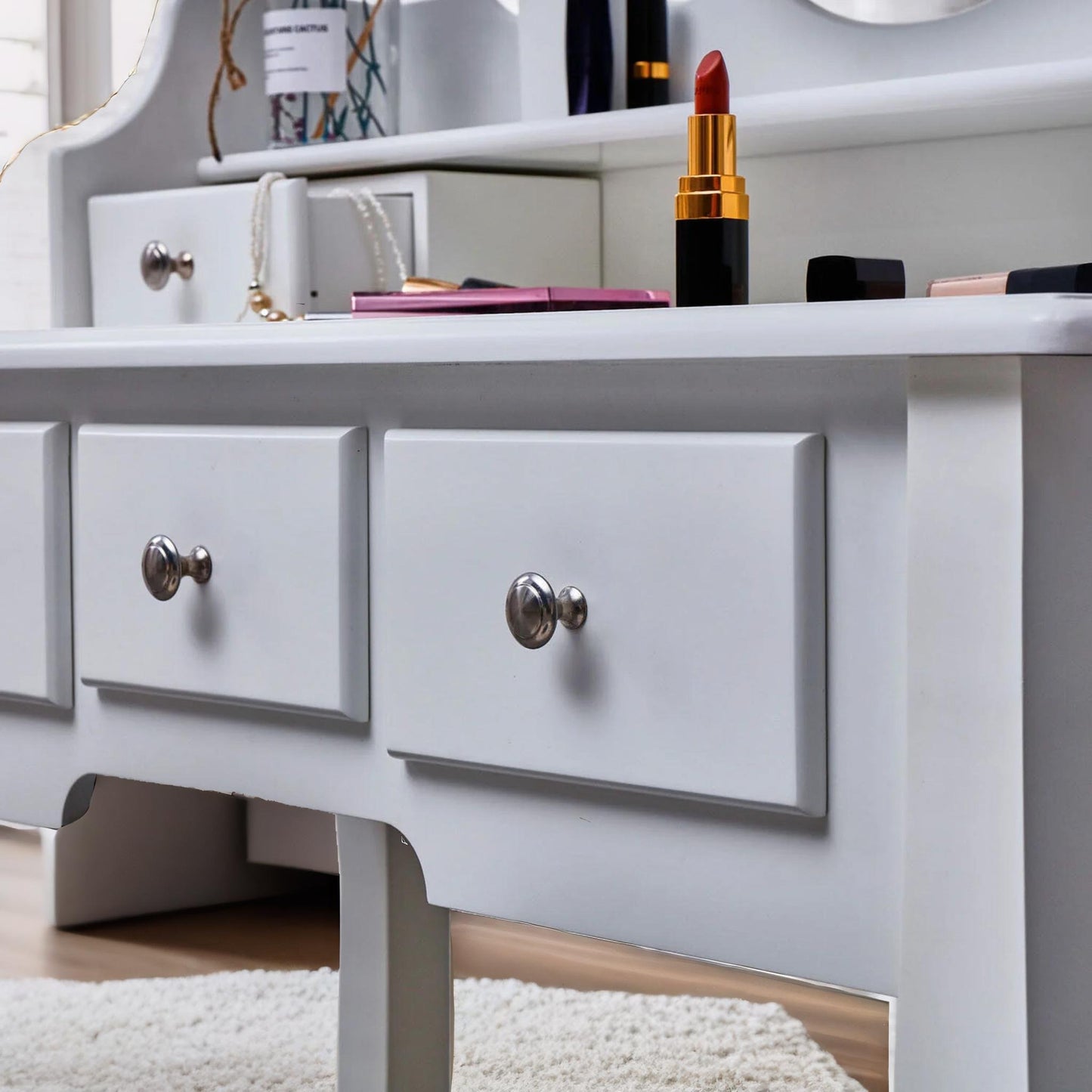 5 drawer white dressing table with round mirror and stool