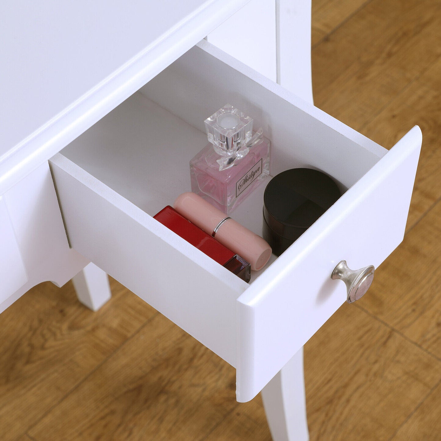 5 drawer white dressing table with round mirror and stool