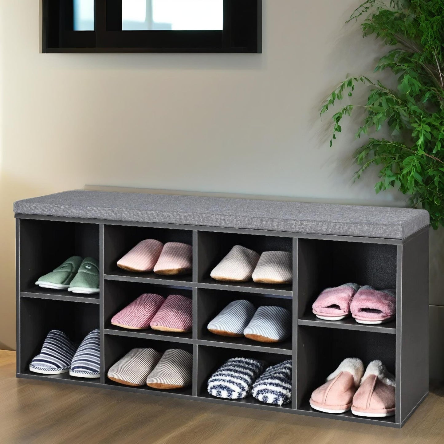 wooden shoe storage bench with cushioned seat 104cm grey