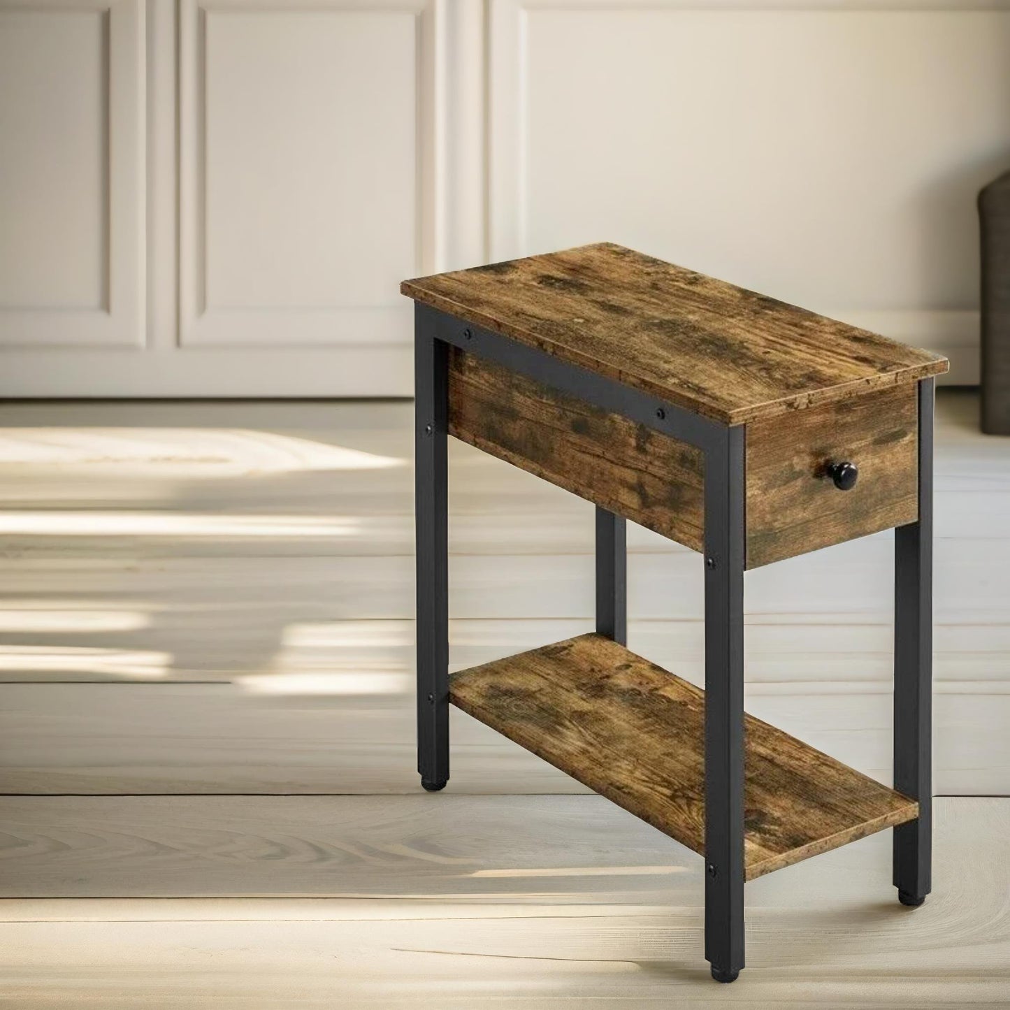 bedside table with drawer & shelf rustic brown