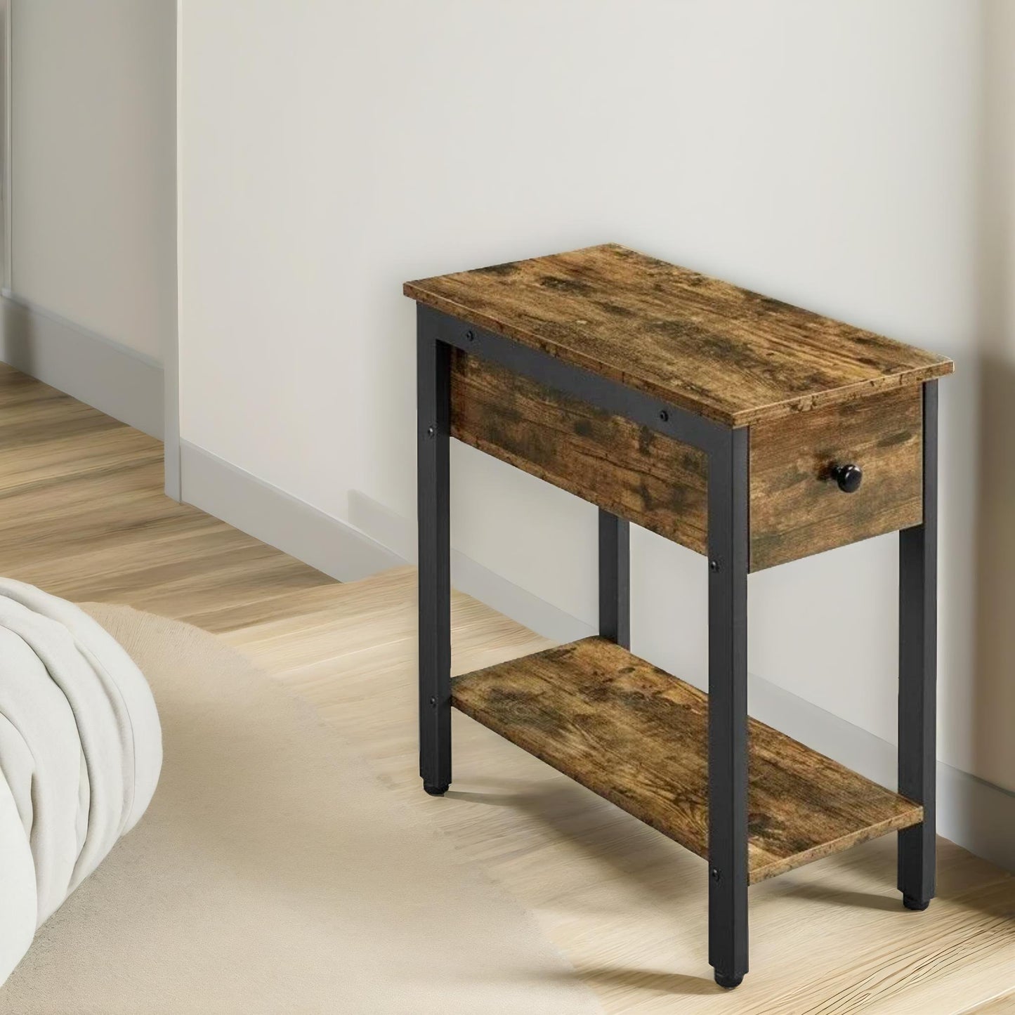 bedside table with drawer & shelf rustic brown