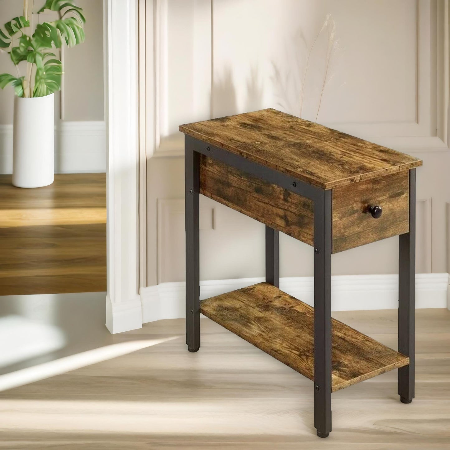 bedside table with drawer & shelf rustic brown