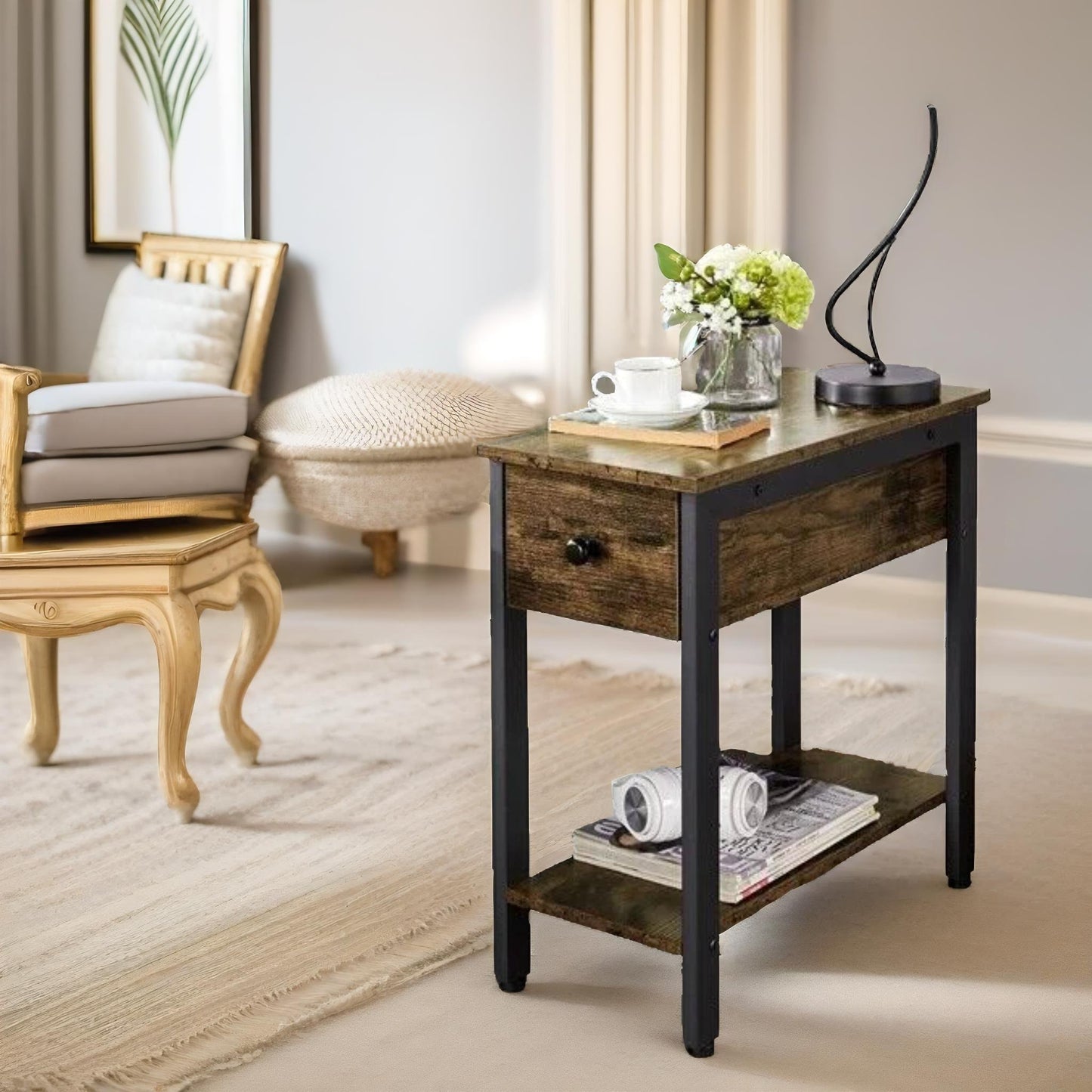 bedside table with drawer & shelf rustic brown