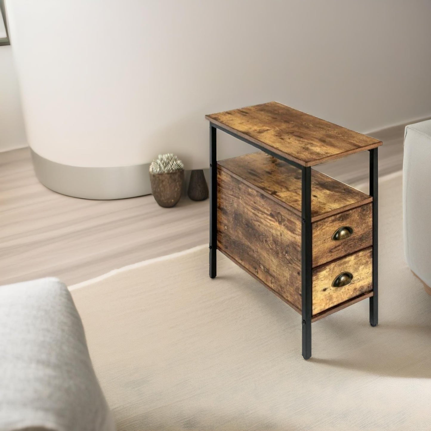 bedside table with 2 drawers rustic brown