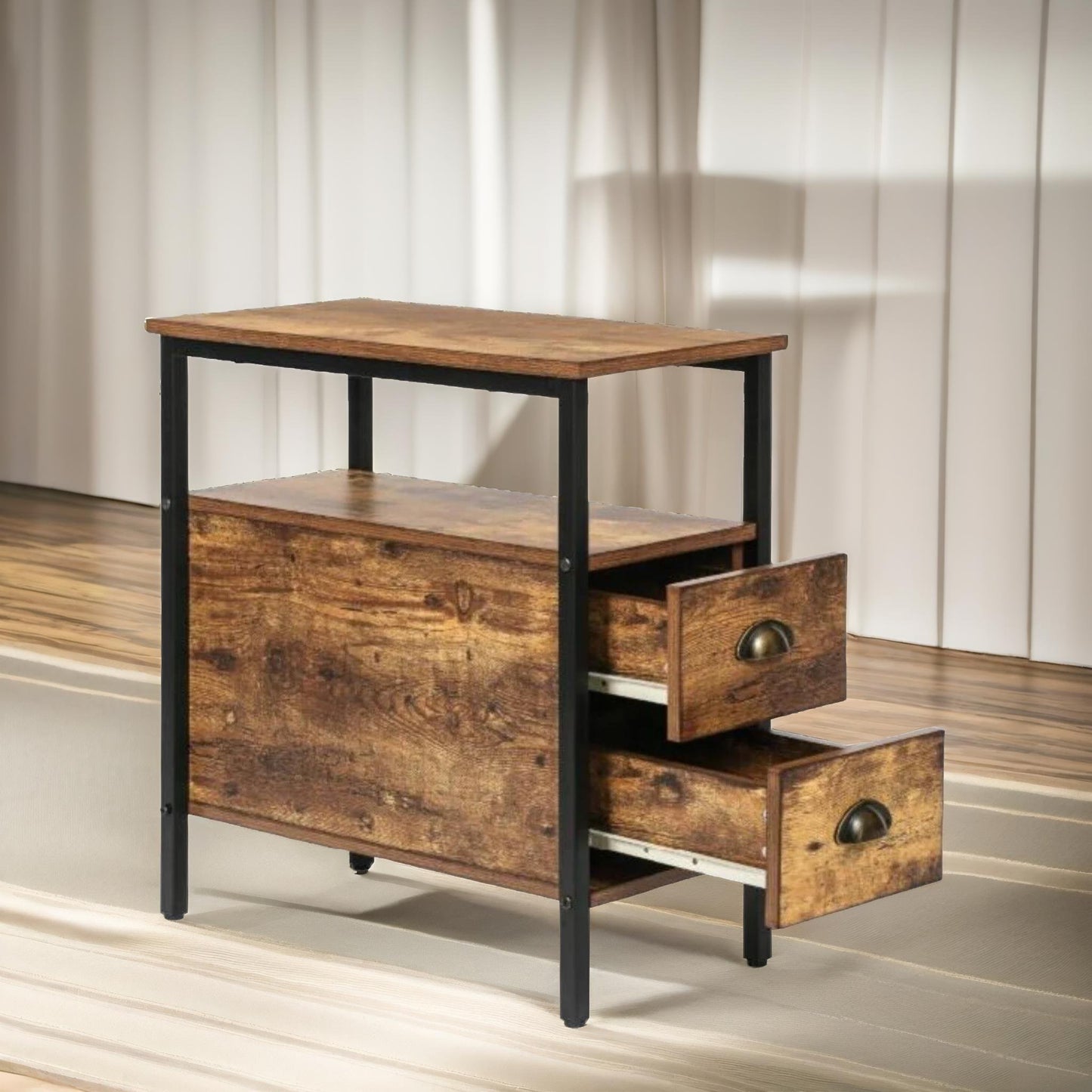 bedside table with 2 drawers rustic brown