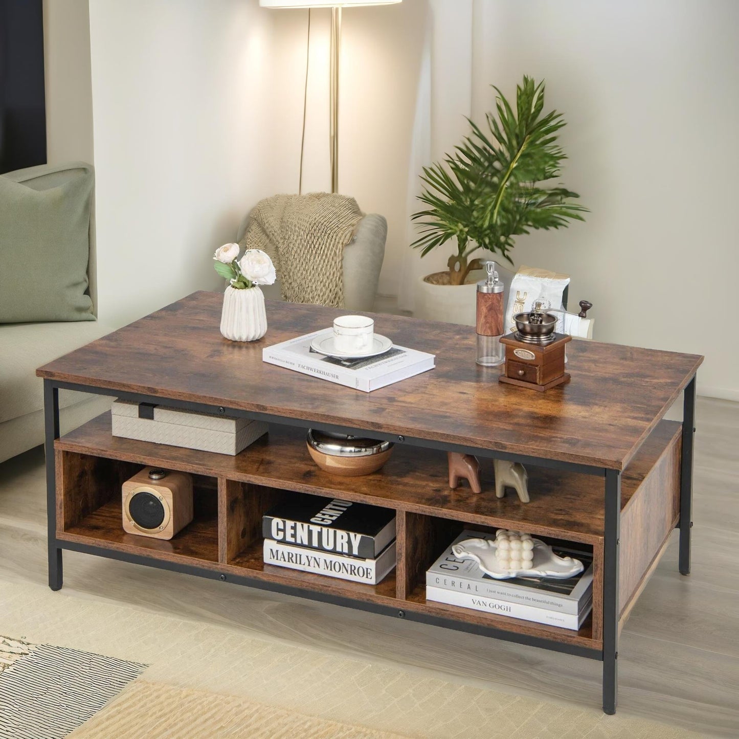 industrial wooden coffee table with storage shelves