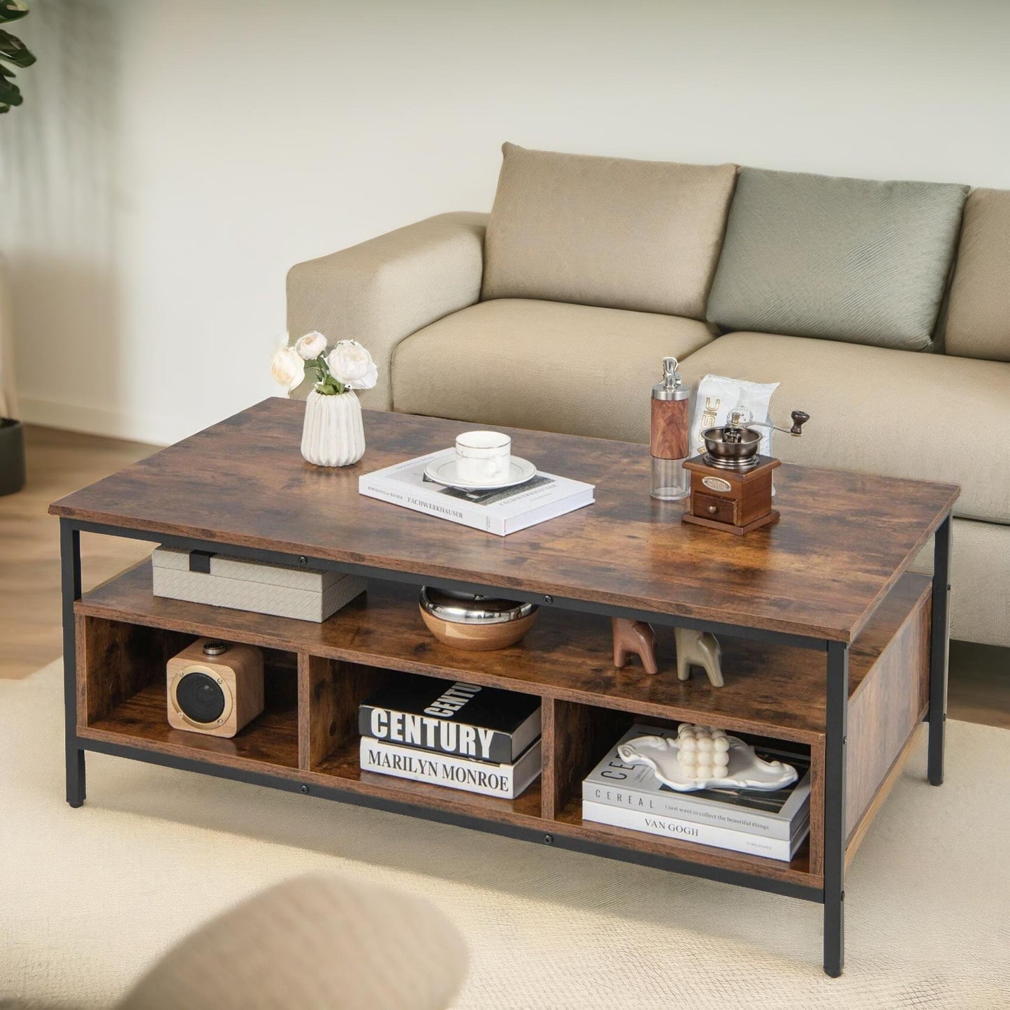 industrial wooden coffee table with storage shelves