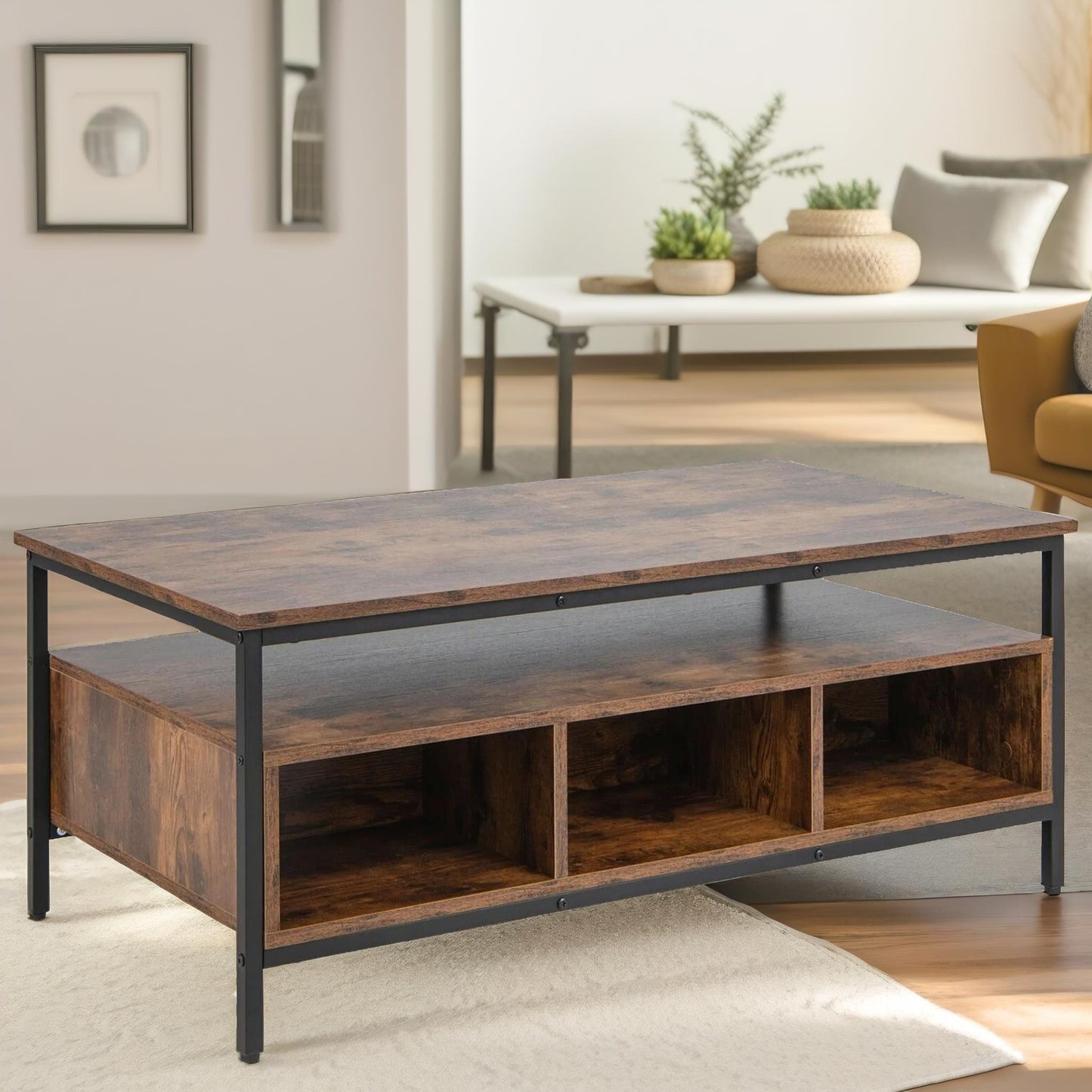 industrial wooden coffee table with storage shelves