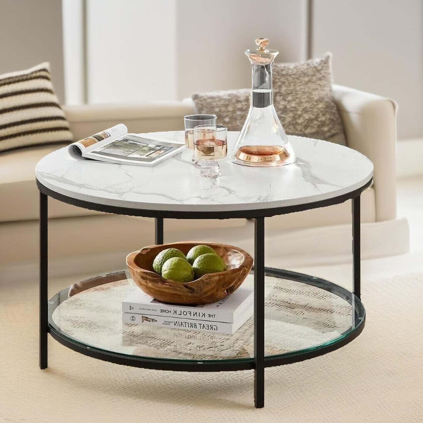 2 tier round faux marble coffee table