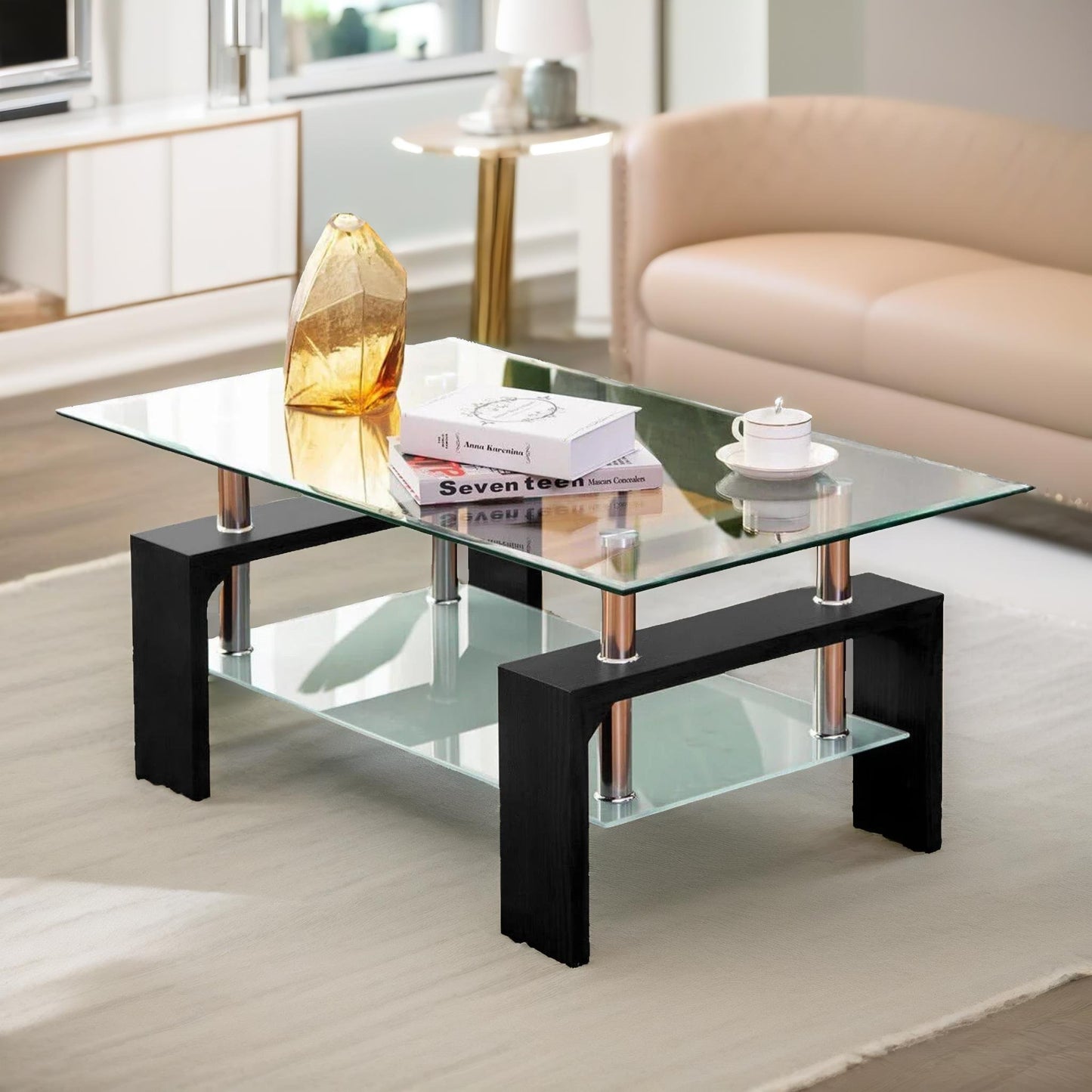 2 tier glass coffee table black