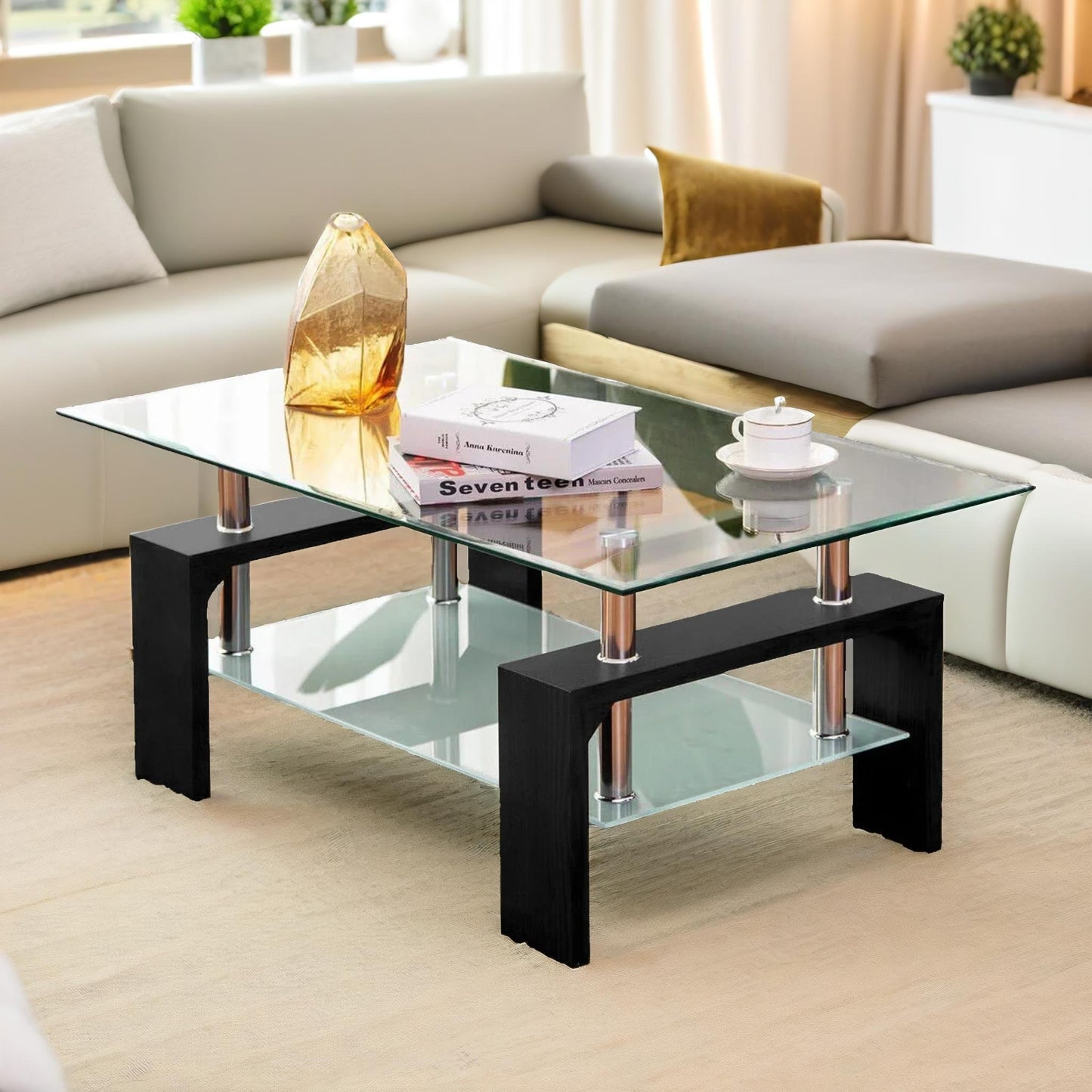 2 tier glass coffee table black