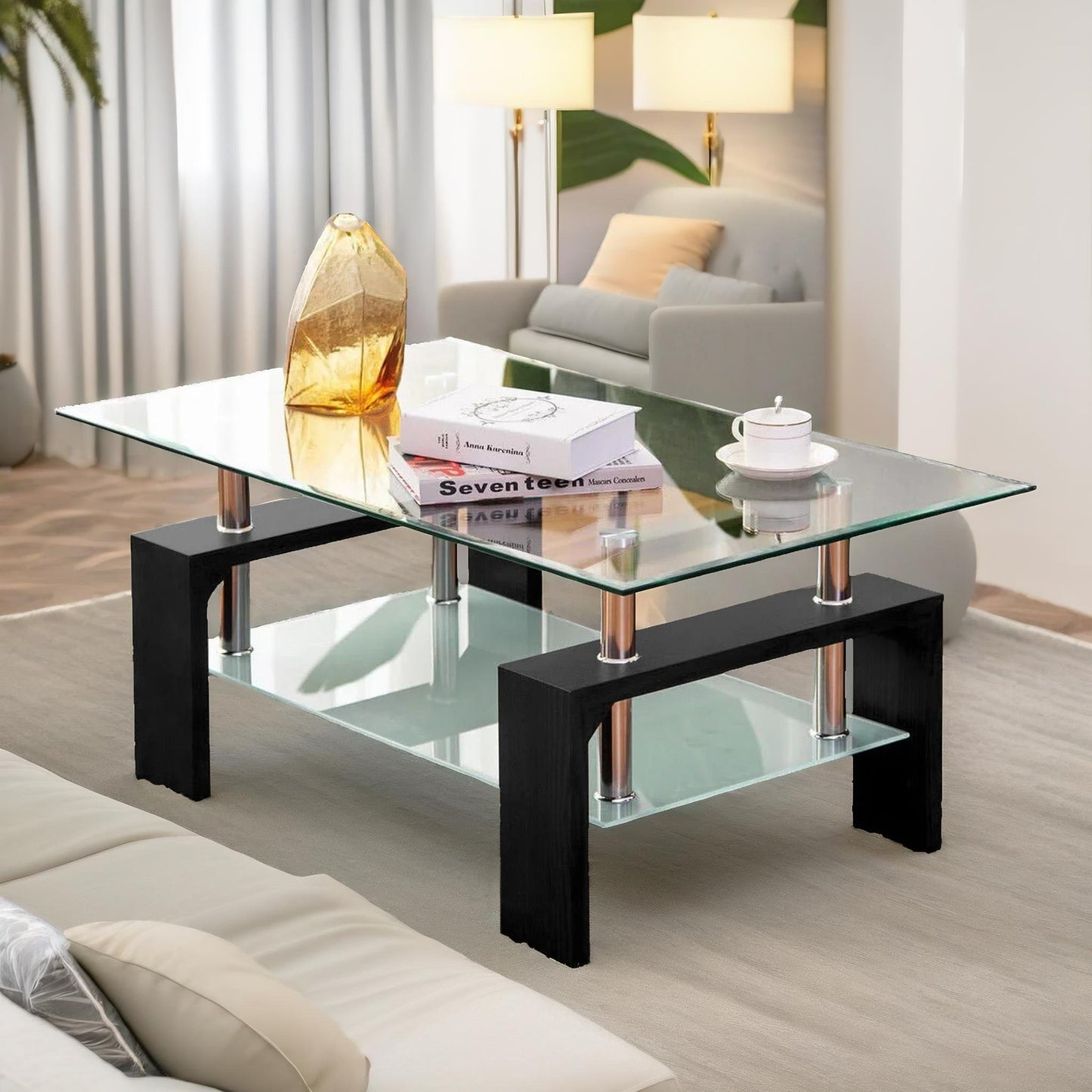 2 tier glass coffee table black