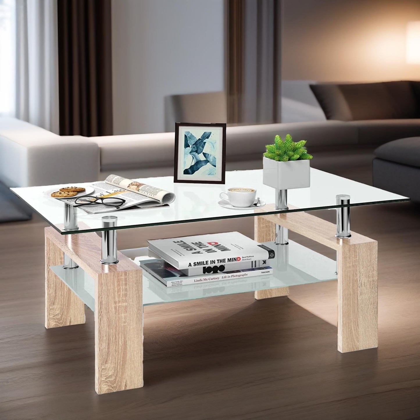 2 tier glass coffee table oak