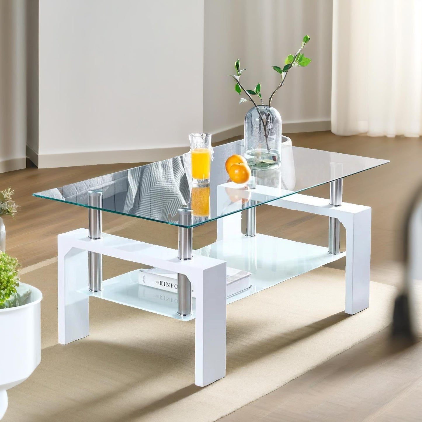 2 tier glass coffee table white