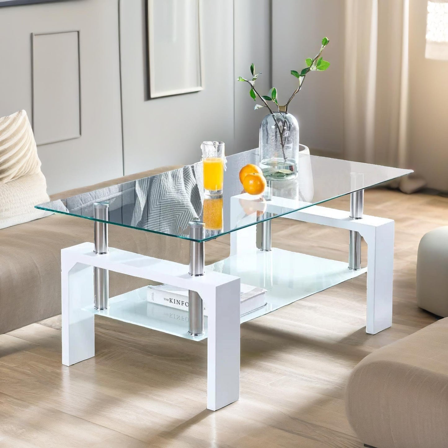 2 tier glass coffee table white