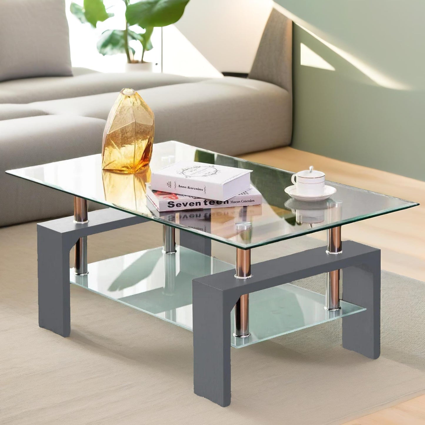 2 tier glass coffee table grey