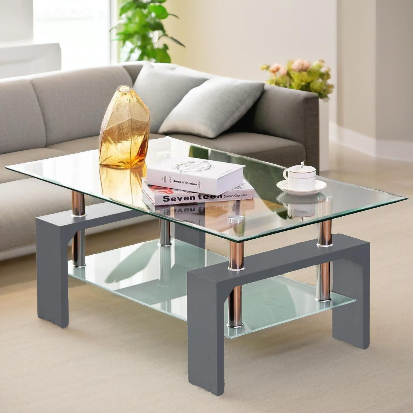 2 tier glass coffee table grey