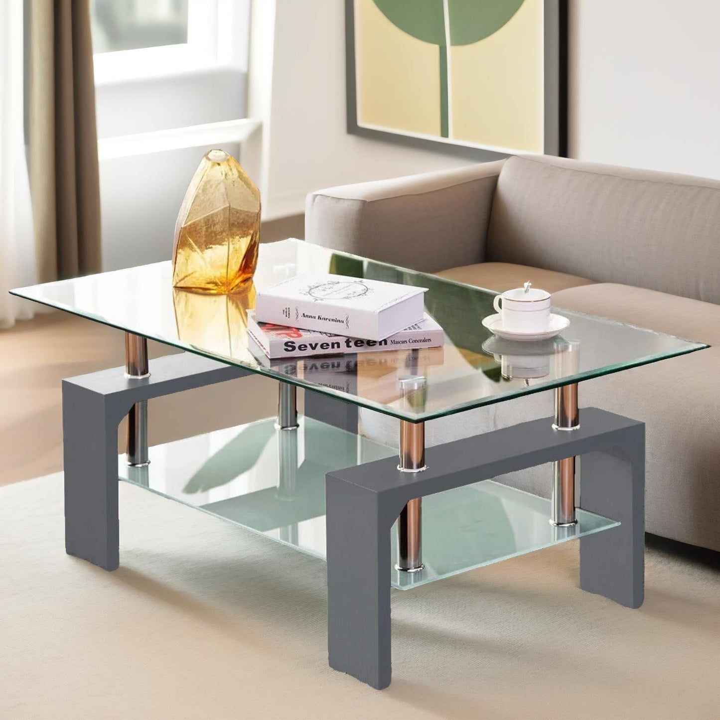 2 tier glass coffee table grey