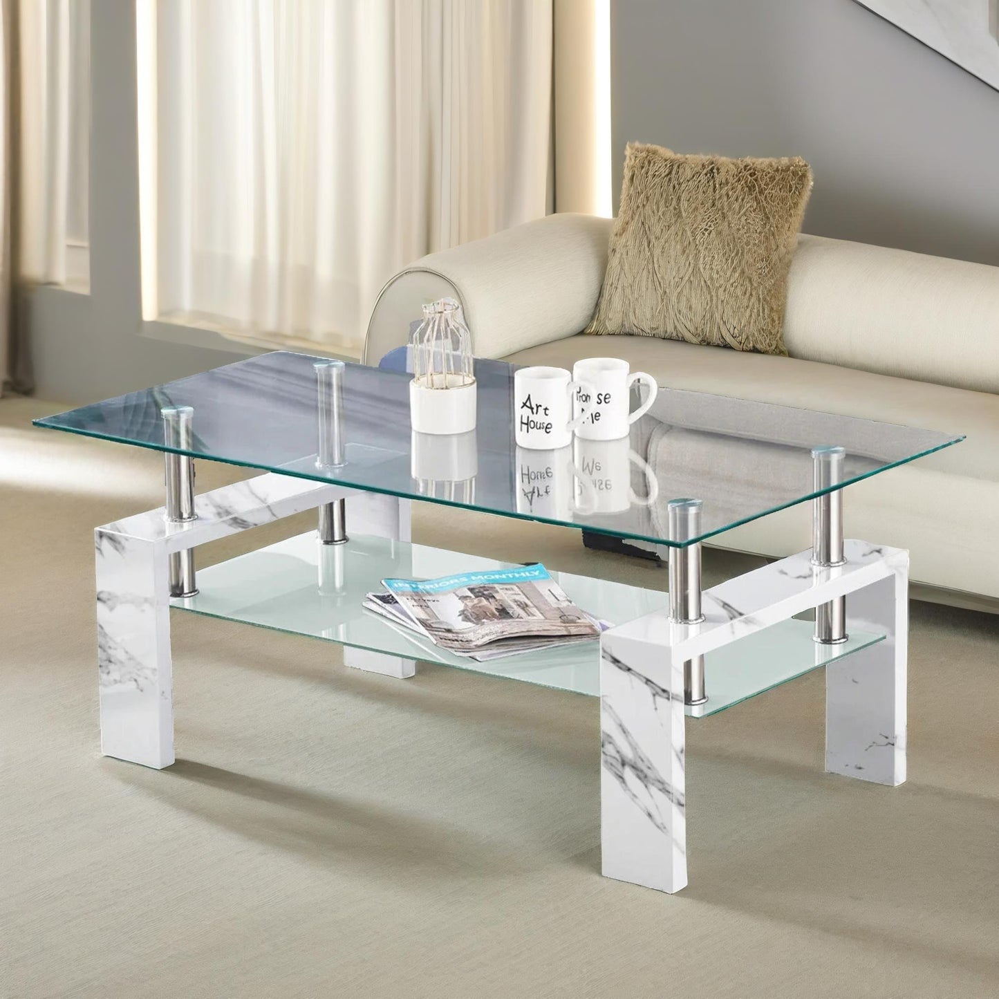 2 tier glass coffee table marble effect