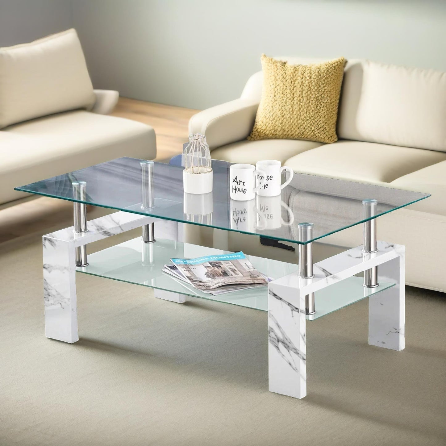 2 tier glass coffee table marble effect