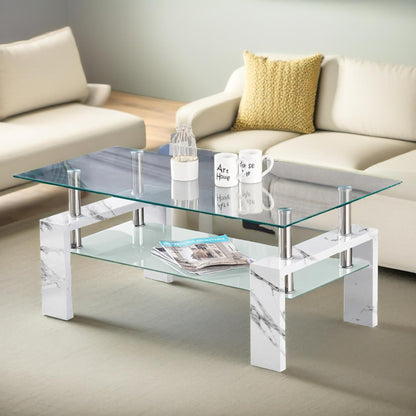 2 Tier Glass Coffee Table Marble Effect