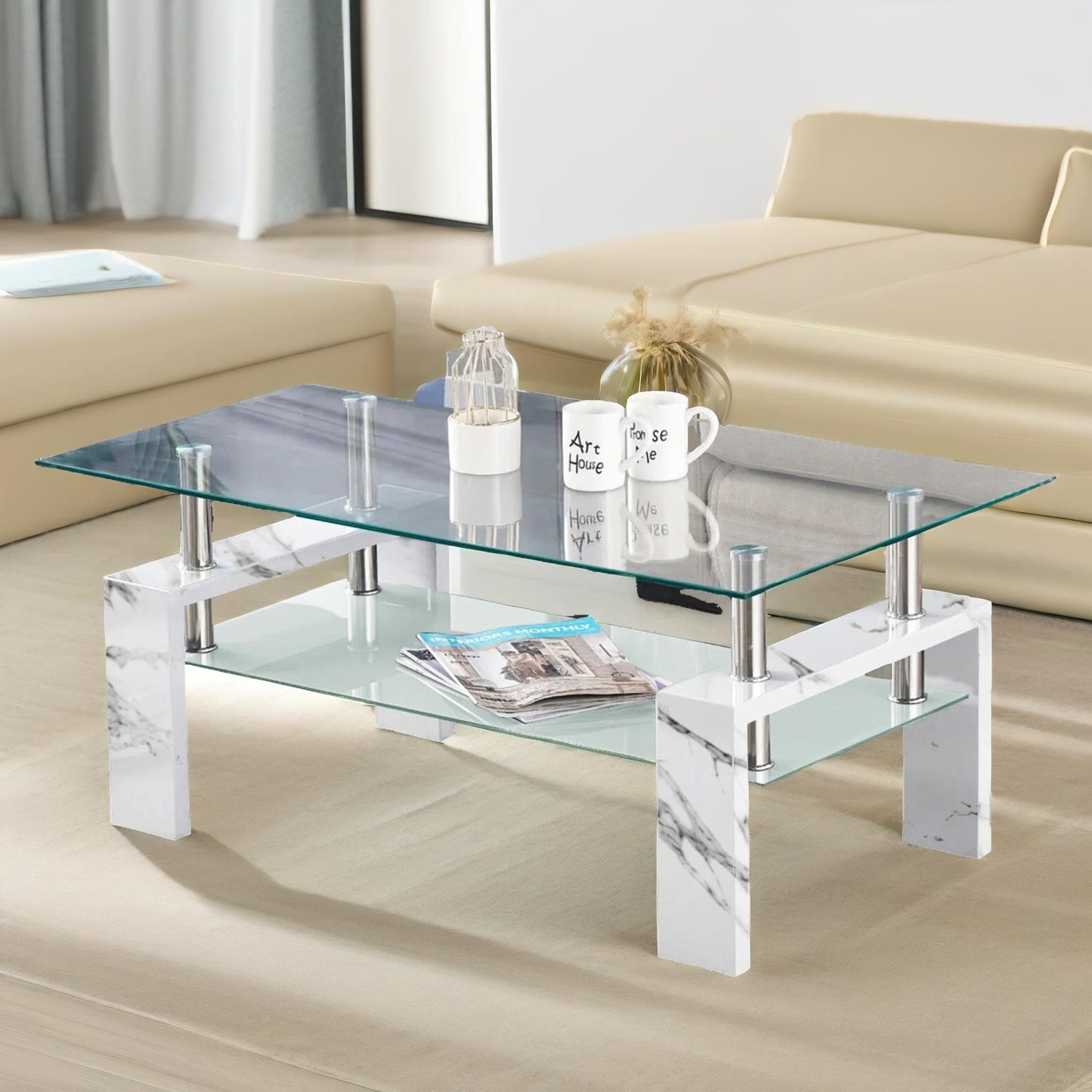 2 tier glass coffee table marble effect