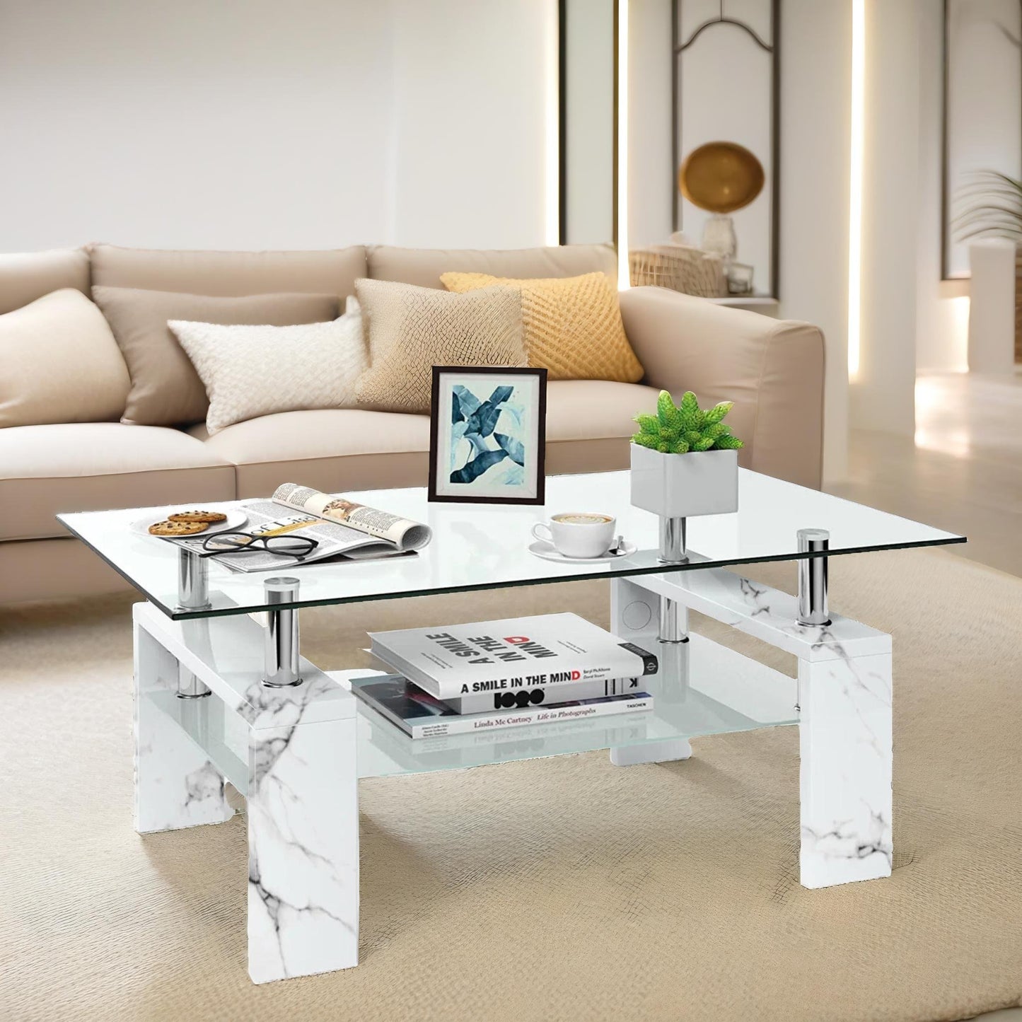 2 tier glass coffee table marble effect