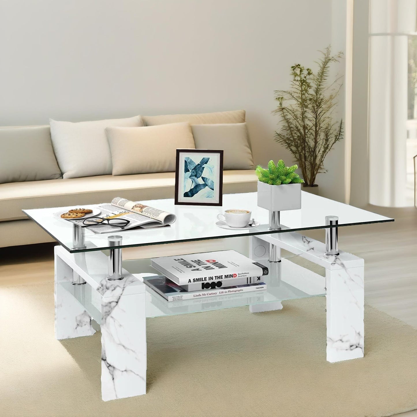 2 tier glass coffee table marble effect