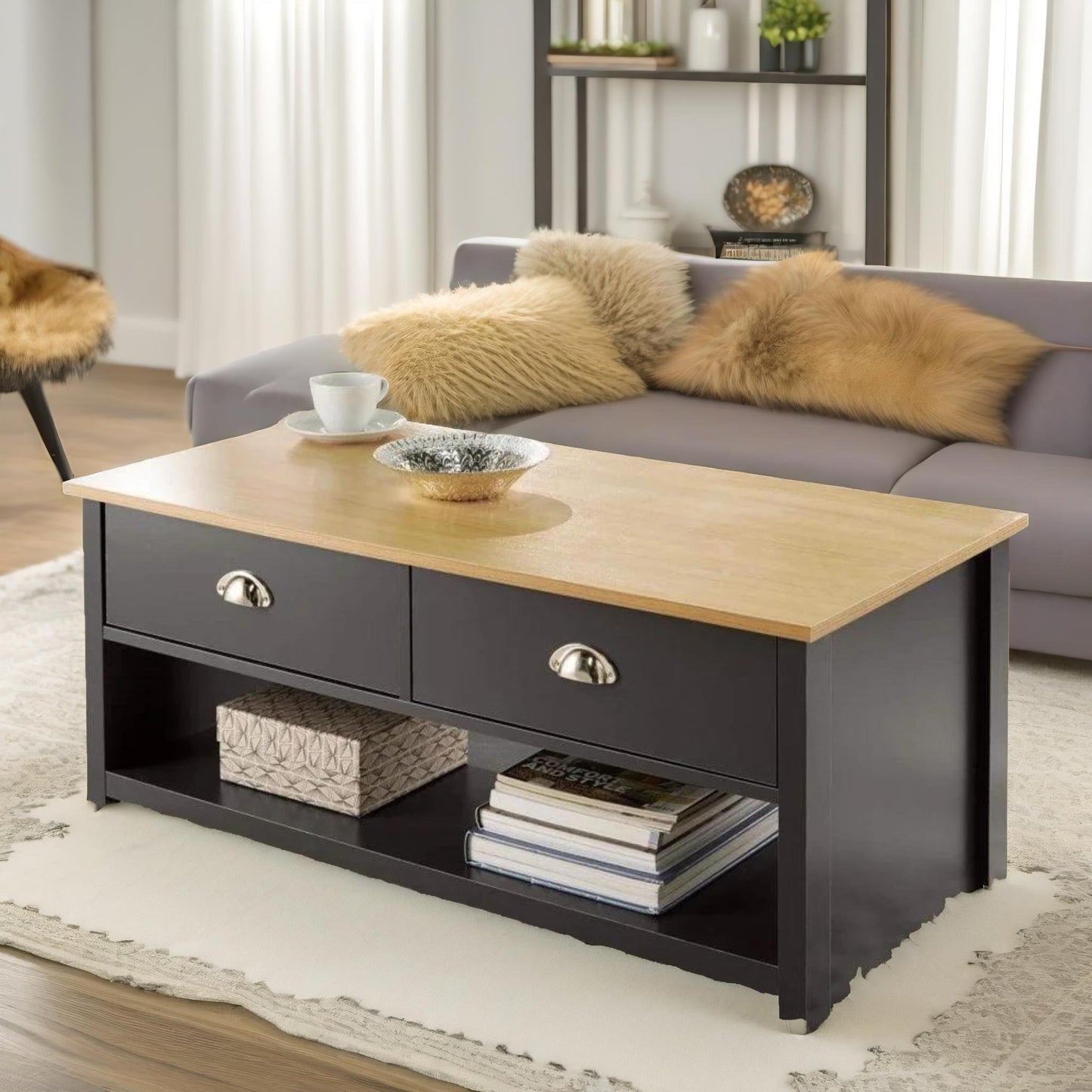 coffee table with 2 drawers dark grey