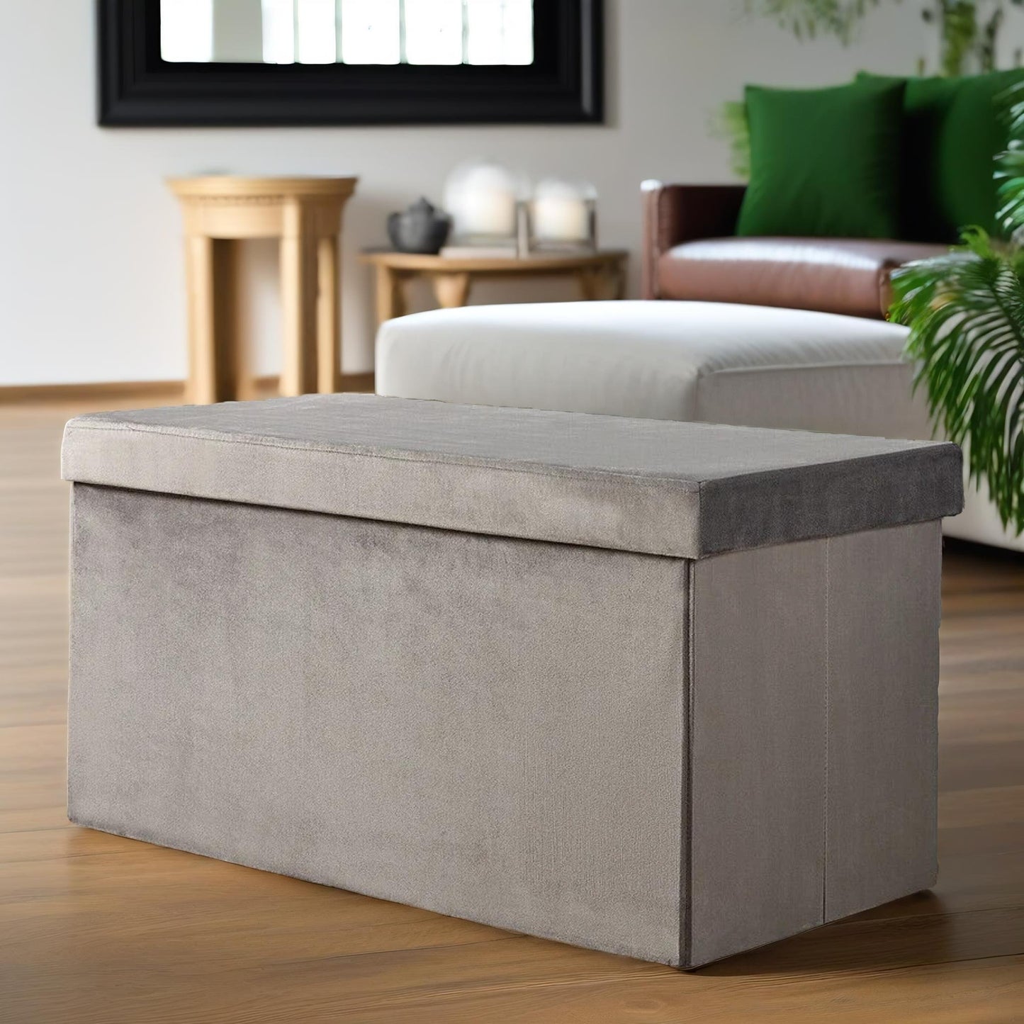 ottoman storage box foldable grey velvet