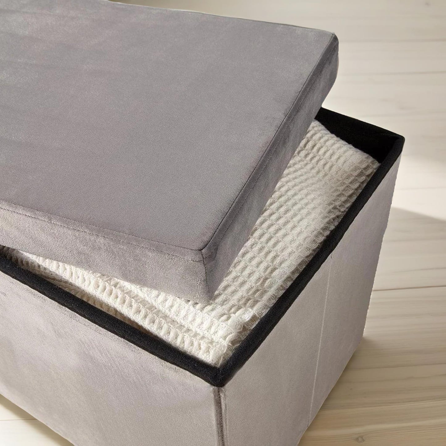 ottoman storage box foldable grey velvet