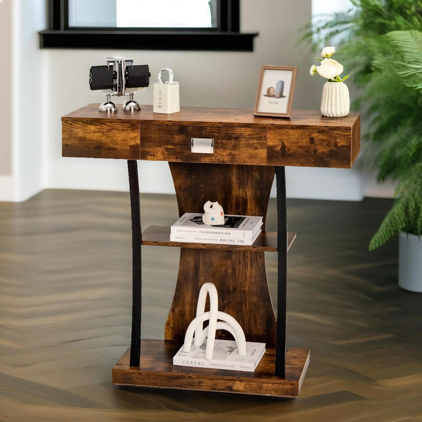 industrial console table t-shaped rustic brown