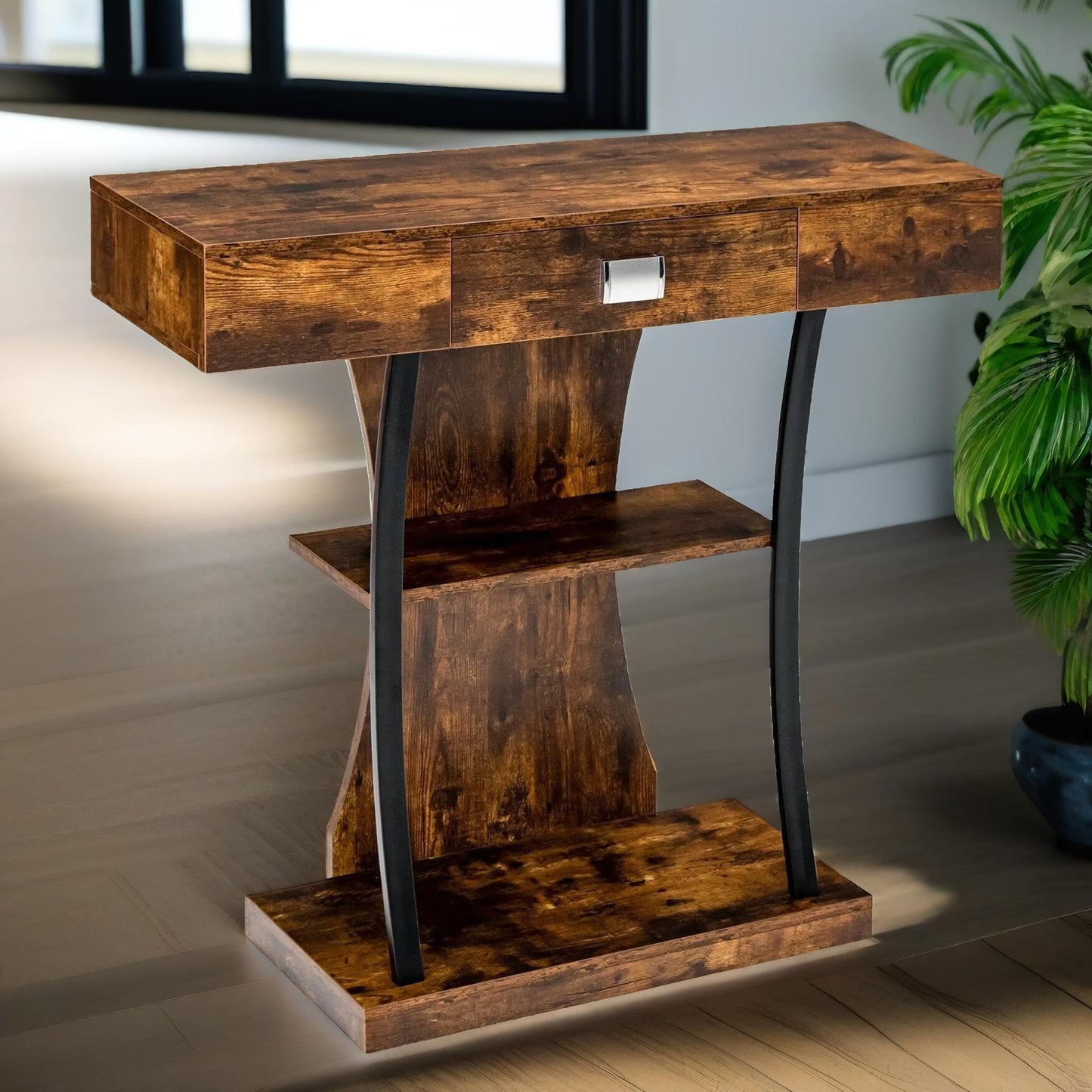 industrial console table t-shaped rustic brown