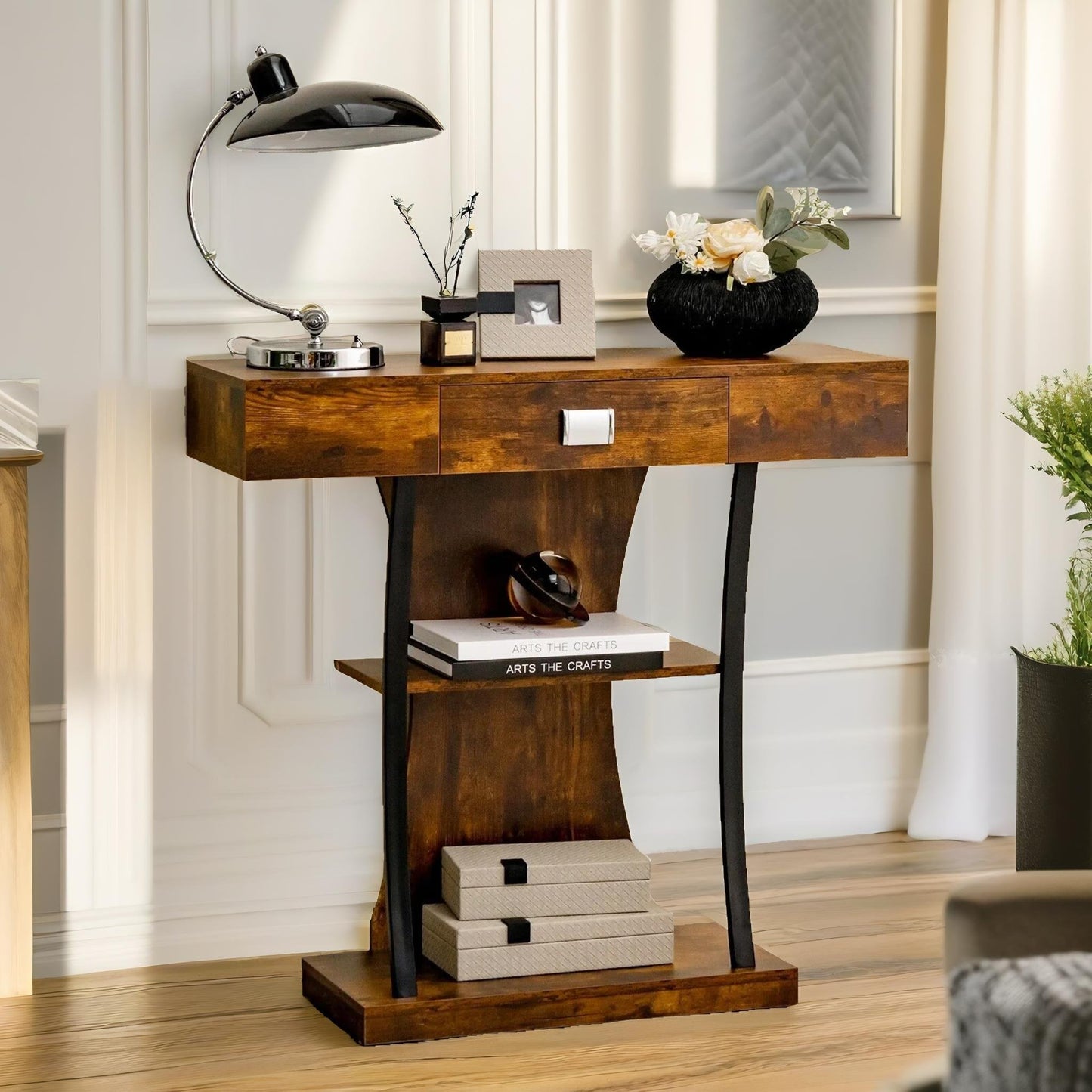 industrial console table t-shaped rustic brown