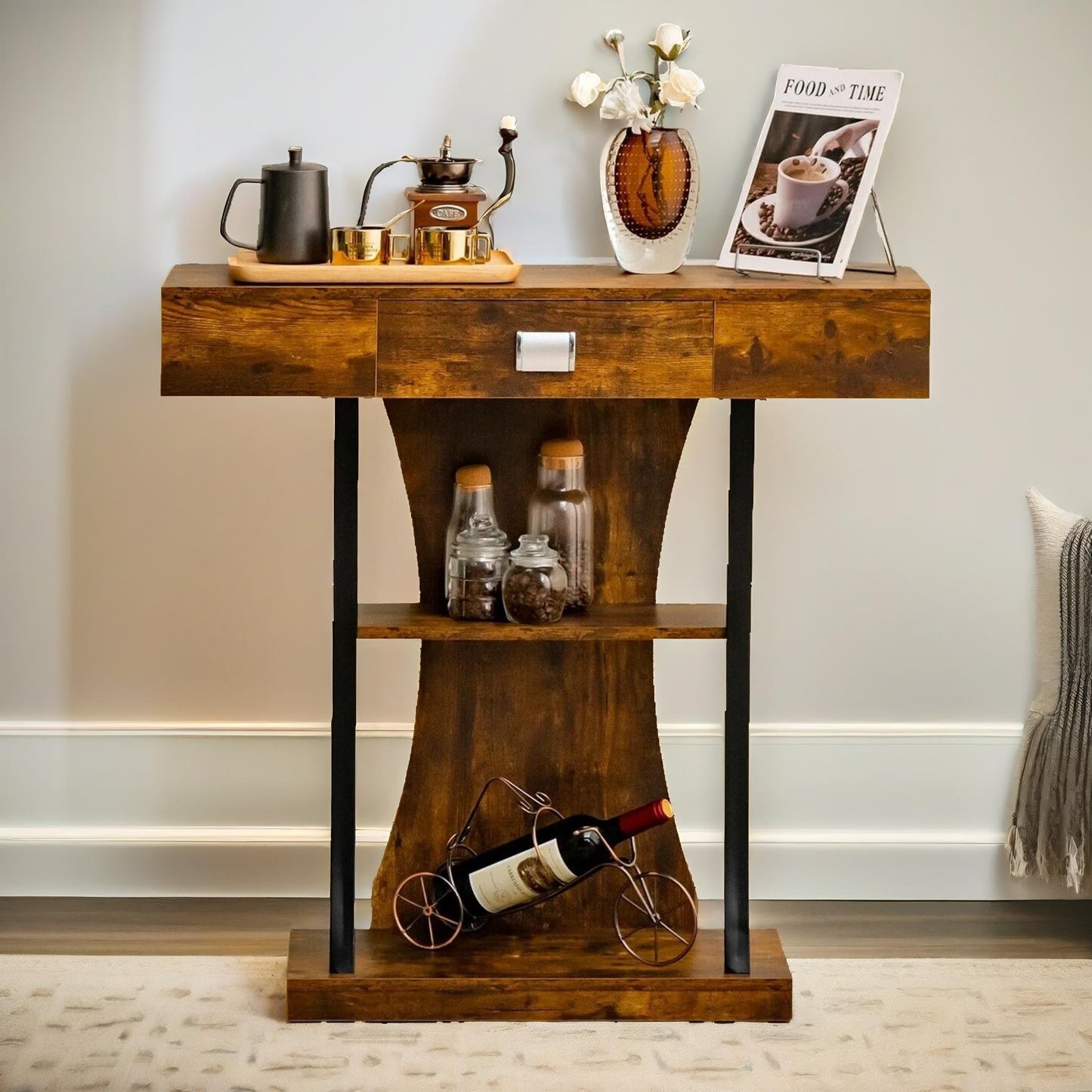 industrial console table t-shaped rustic brown