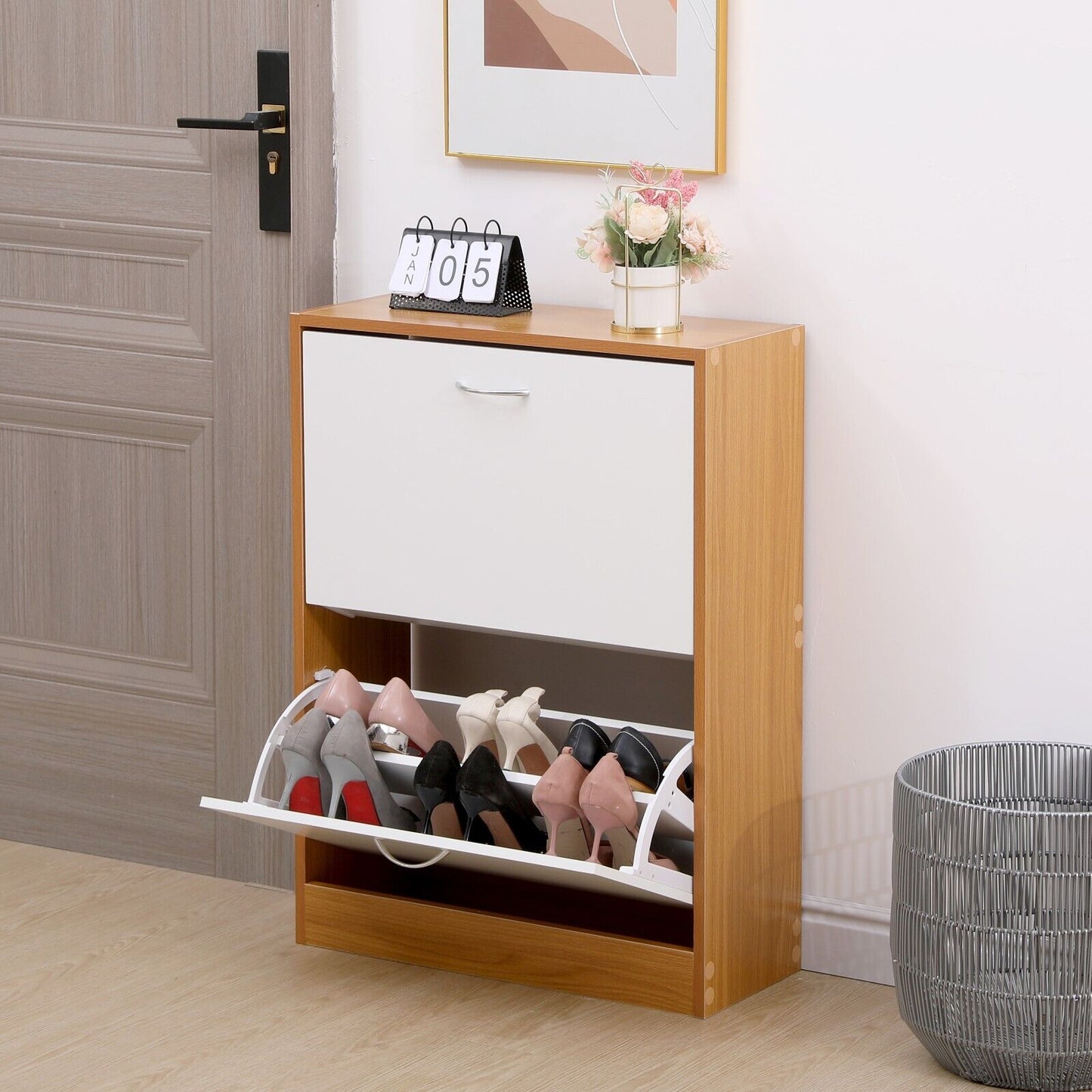 2 drawer shoe storage cabinet pine white